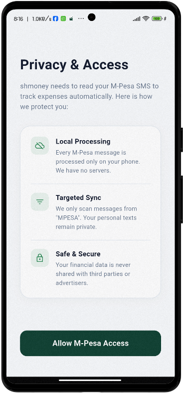 Shmoney mobile money tracker privacy features